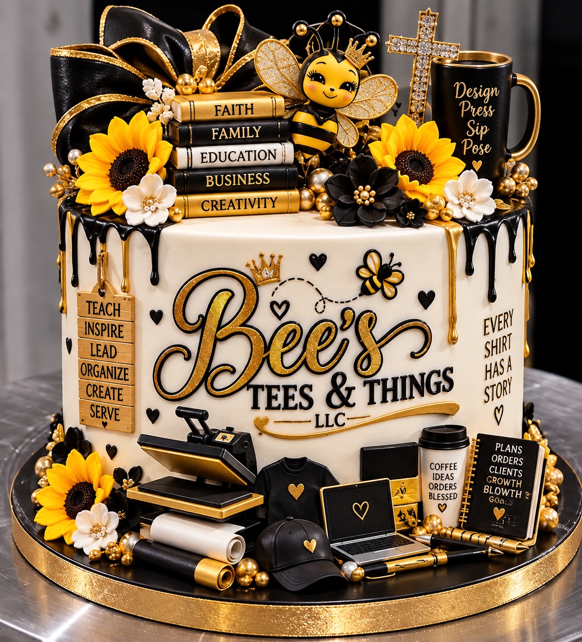 Bee's Tees and Things celebration cake decorated in black and gold