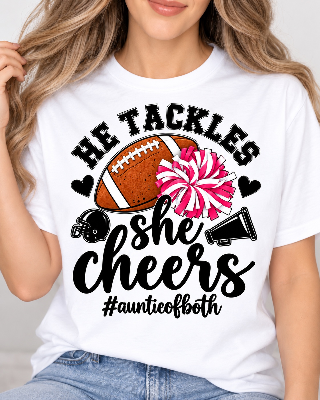 He Tackles She Cheers custom white shirt